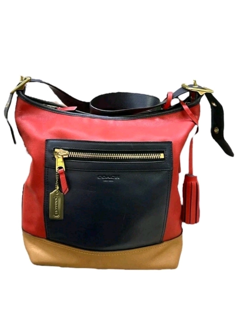 Coach Legacy-Y2K Colorblock Glove Leather Adjust. Shoulder Bag in Red/Navy/Tan